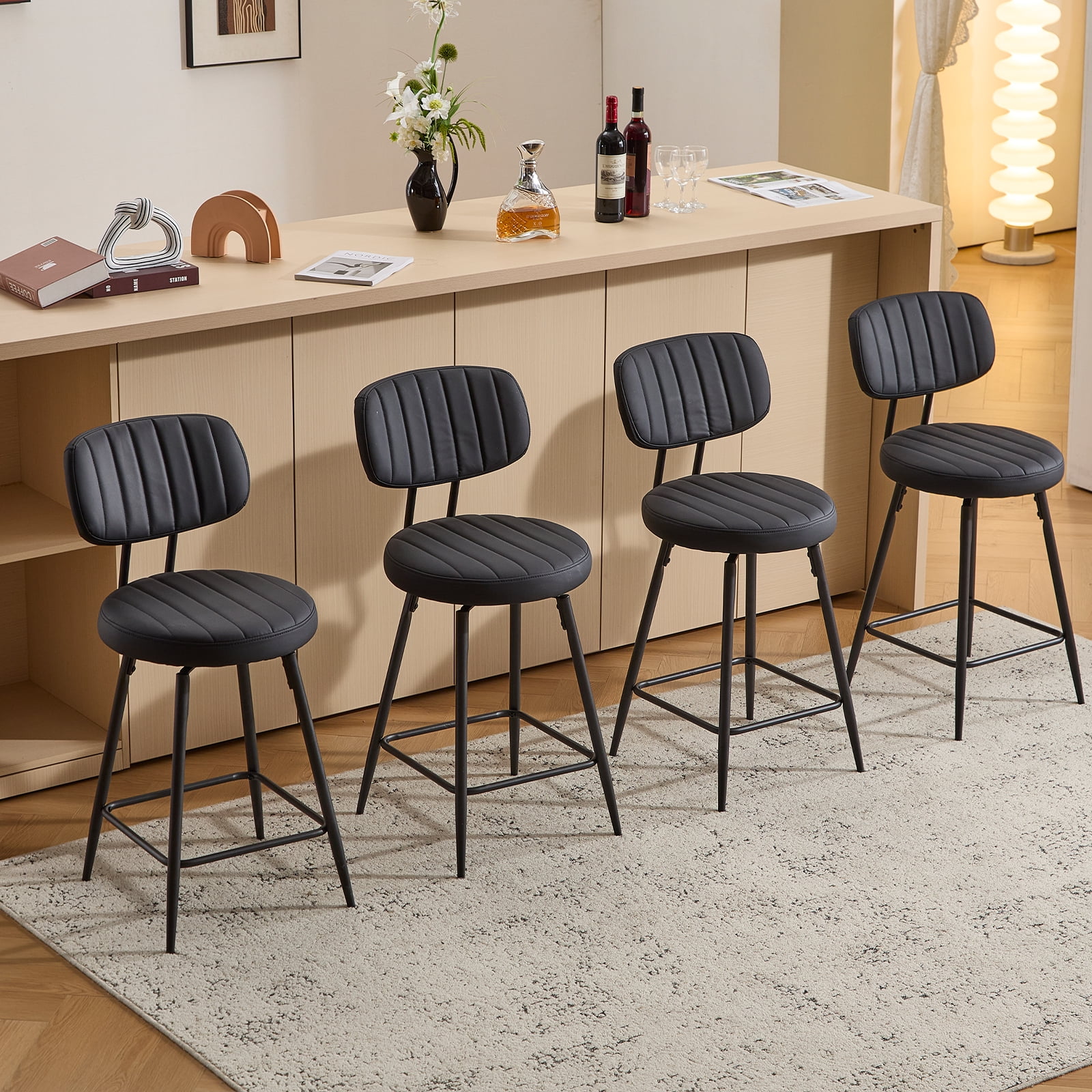Furniliving 26" Modern Bar Stools Set of 4, Upholstered Swivel Counter Height Barstools with Back and Footrest, Adjustable Faux leather Barstool for Kitchen Island,Dining Room.Black