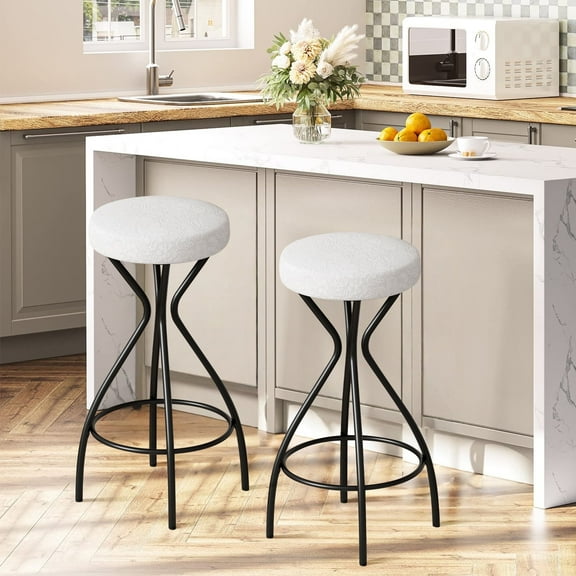 Furniliving 29.92 Inch Floral Print Bar Stools Set of 2, Backless Round Bar Chairs with Footrest, Counter Height Bar Stools for Dining Room, Kitchen Island, White