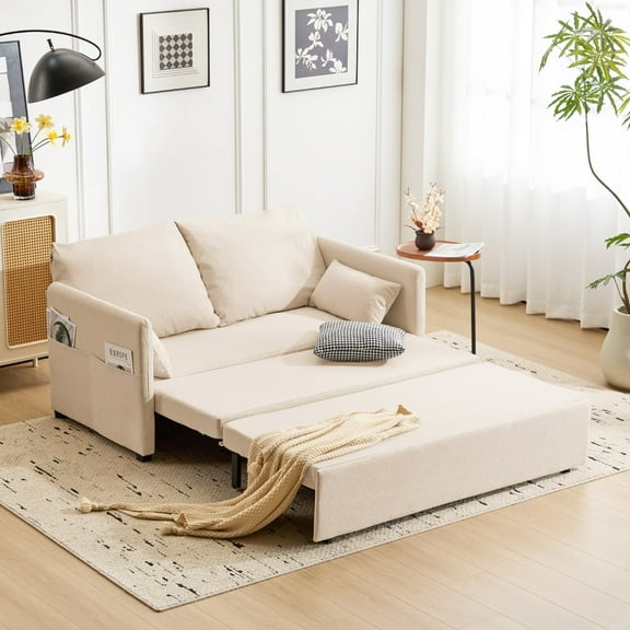 Furniliving 3 in 1 Convertible Sleeper Sofa Bed, Pull Out Sofa Bed with Side Pocket, Pillow, Loveseat Sofa Couch for Living Room, Bedroom, Small Space, Beige