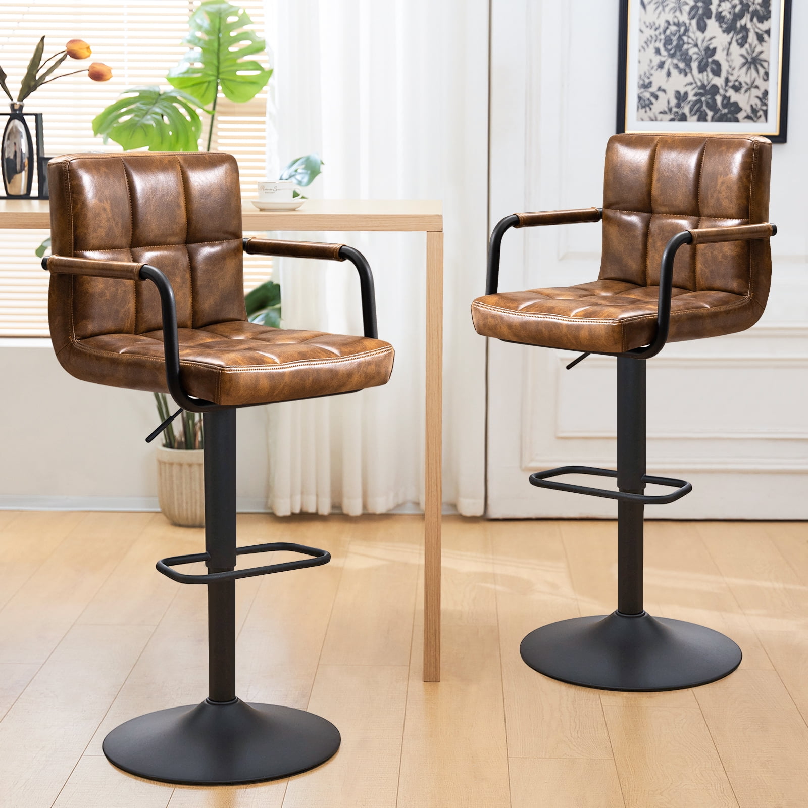 Furniliving Adjustable Swivel Bar Stools Set of 2 Low Back Kitchen Furniture Black Brown Walmart