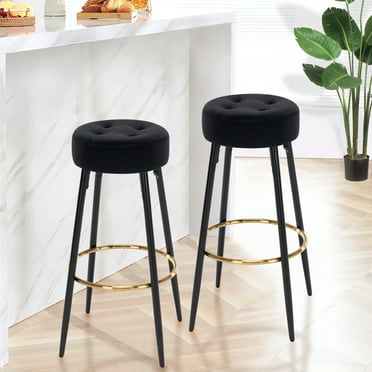 Furniliving 30" Height Round Velvet Black Bar Stool Upholstered Kitchen Counter Stool Set of 2