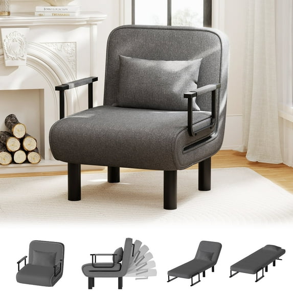 Furniliving 4 in 1 Convertible Sofa Bed, Folding Sleeper Chair Bed with 6-Position Adjustable Backrest & Pillow, Floor Single Chairs for Living Room, Bedroom, Office, Dark Grey