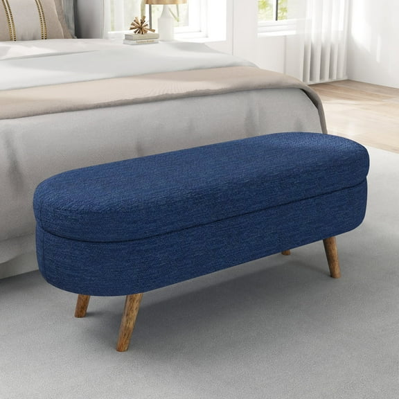 Furniliving 43.5"Storage Ottoman Benches, Oval End of Bed Bench with Rubber Wood Leg, Upholstered Bench for Living Room, Bedroom, Entryway, Blue