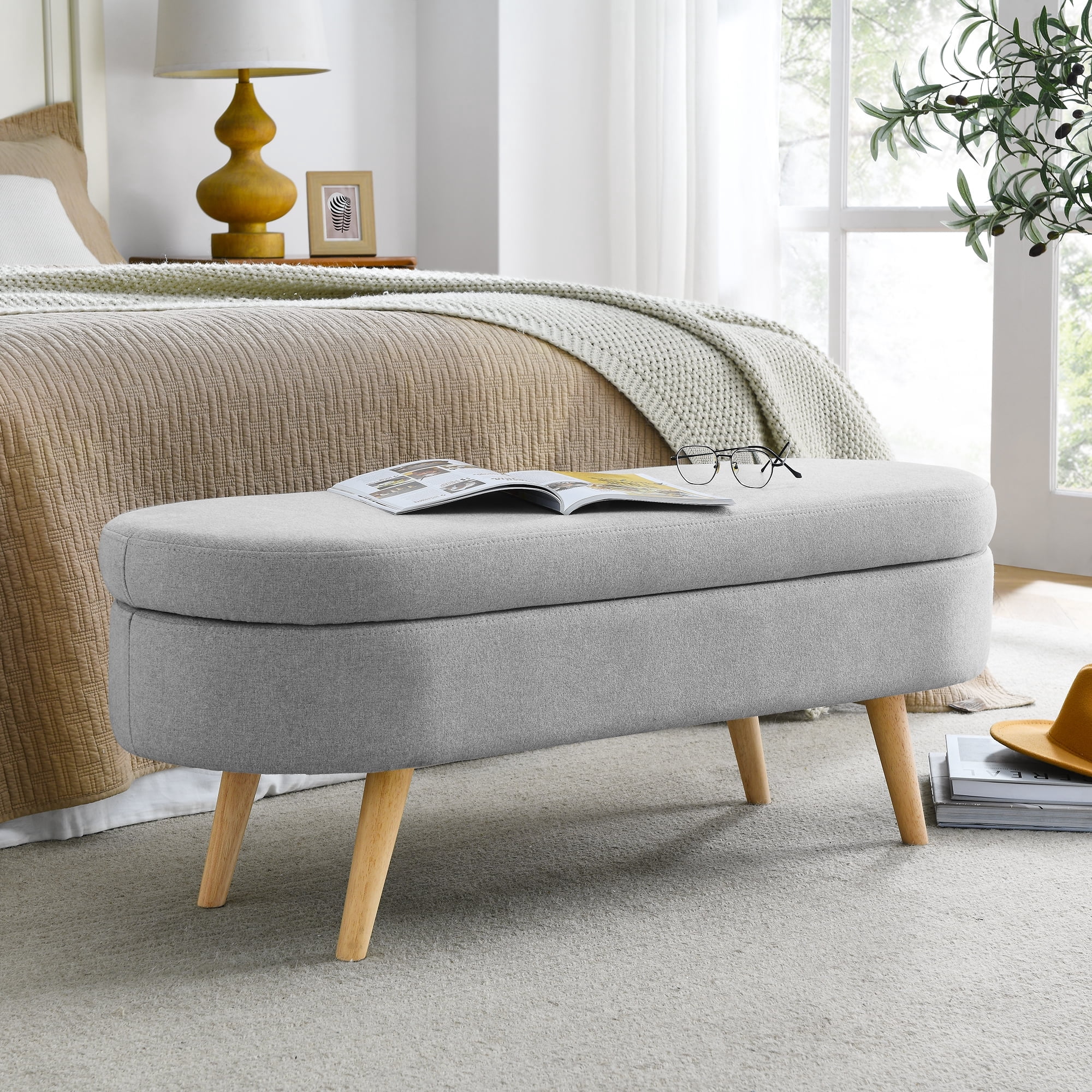 Furniliving 43.5"Storage Ottoman Benches, Oval End of Bed Bench with Rubber Wood Leg, Upholstered Bench for Living Room, Bedroom, Entryway, Grey
