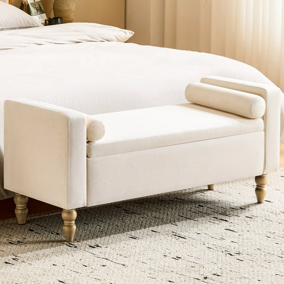 Furniliving 45.7" Storage Ottoman Bench with Arms and Pillows, Linen Button Tufted End of Bed Bench, Large Storage Bench for Bedroom, Entryway, Beige
