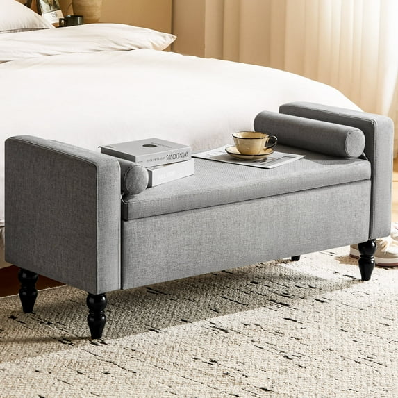 Furniliving 45.7" Storage Ottoman Bench with Arms and Pillows, Linen Button Tufted End of Bed Bench, Large Storage Bench for Bedroom, Entryway, Grey