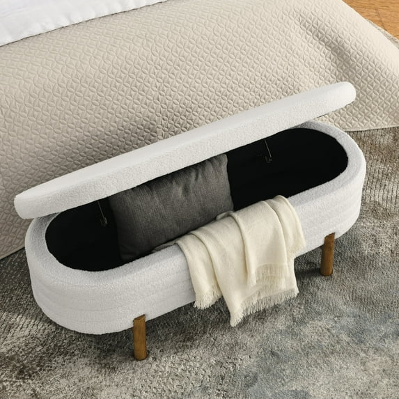Furniliving 46"Storage Ottoman Benches, Oval End of Bed Bench with Rubber Wood Leg, Upholstered Bench for Living Room, Bedroom, Entryway, Beige