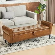 Furniliving 63" Storage Ottoman Bench with Arms, Upholstered Button Tufted End of Bed Bench, Large Storage Bench for Bedroom, Entryway, Yellow Brown
