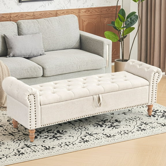 Furniliving 63" Storage Ottoman Bench with Arms, Upholstered Button Tufted End of Bed Bench, Linen Large Storage Bench for Bedroom, Entryway,Beige