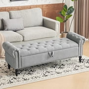Furniliving 63" Storage Ottoman Bench with Arms, Upholstered Button Tufted End of Bed Bench, Linen Fabric Large Storage Bench for Bedroom, Entryway,Light Gray