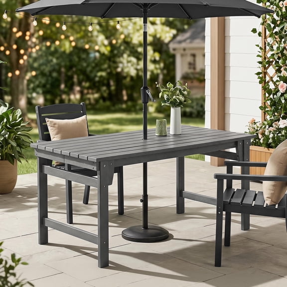 Furniliving 67" Outdoor Dining Table with Umbrella Hole, All Weather Resistance HDPE Rectangle Patio Table