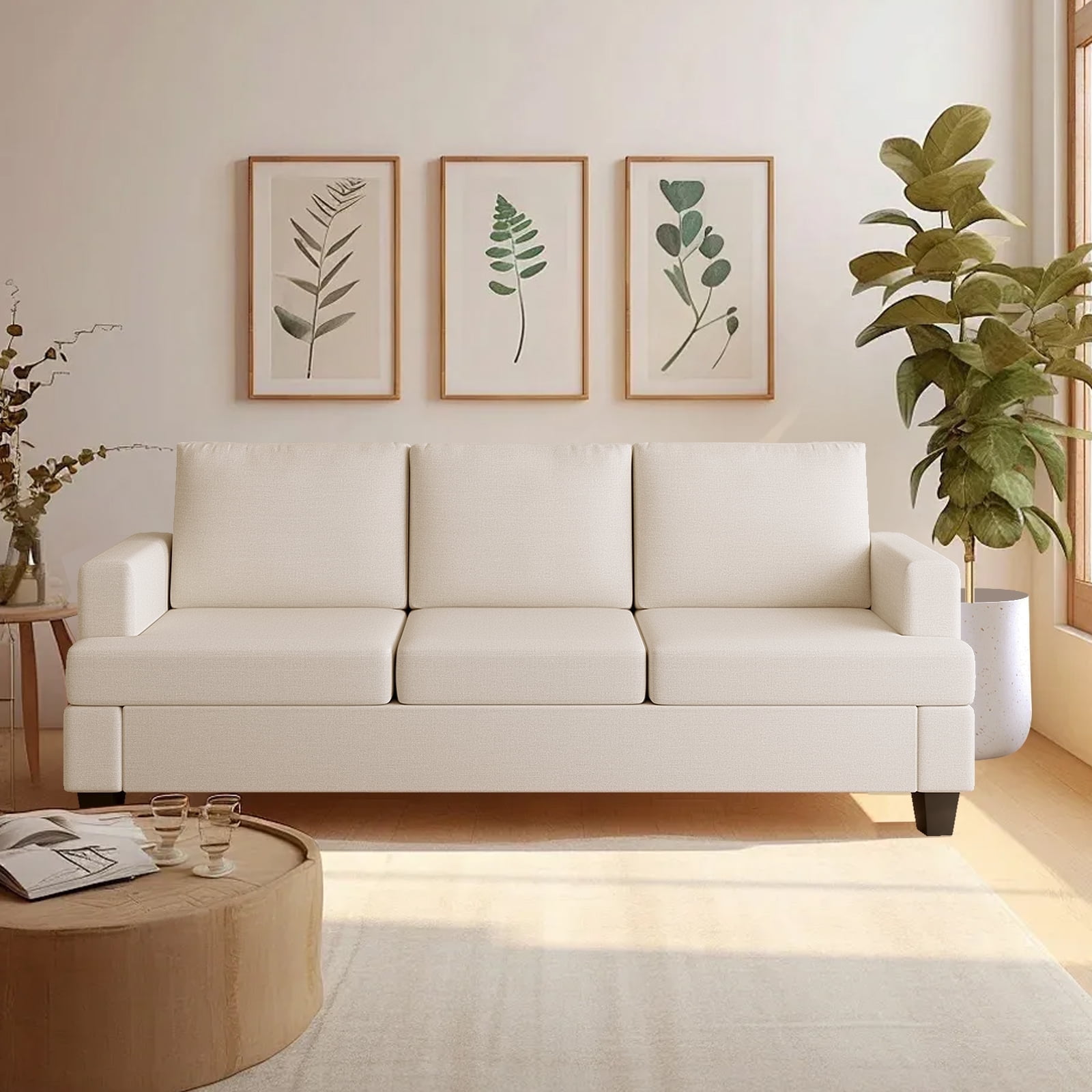 Furniliving 84.75” 3 Seater Sofa Couch, Modern Upholstered Sofa with Extra Deep Seats, Linen Fabric Sofa for Living Room Apartment Lounge, (Beige)
