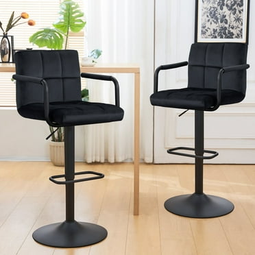 Furniliving Adjustable Bar Stools with Armrest and Footrest, Low-Back Velvet Kitchen Bar Stools, Black, Set of 2