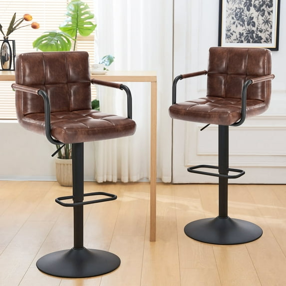 Furniliving Adjustable Swivel Bar Stools Armrest Low-Back Support Leather Kitchen Counter Stools Set of 2, DarkBrown