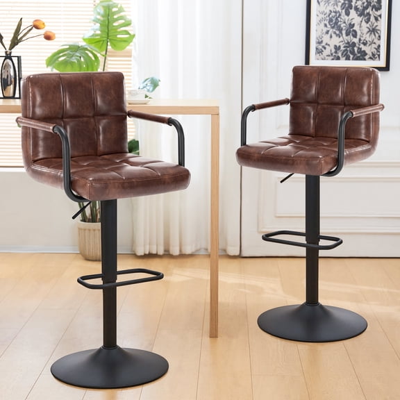 Furniliving Adjustable Swivel Bar Stools Armrest Low-Back Support Leather Kitchen Counter Stools Set of 2, DarkBrown