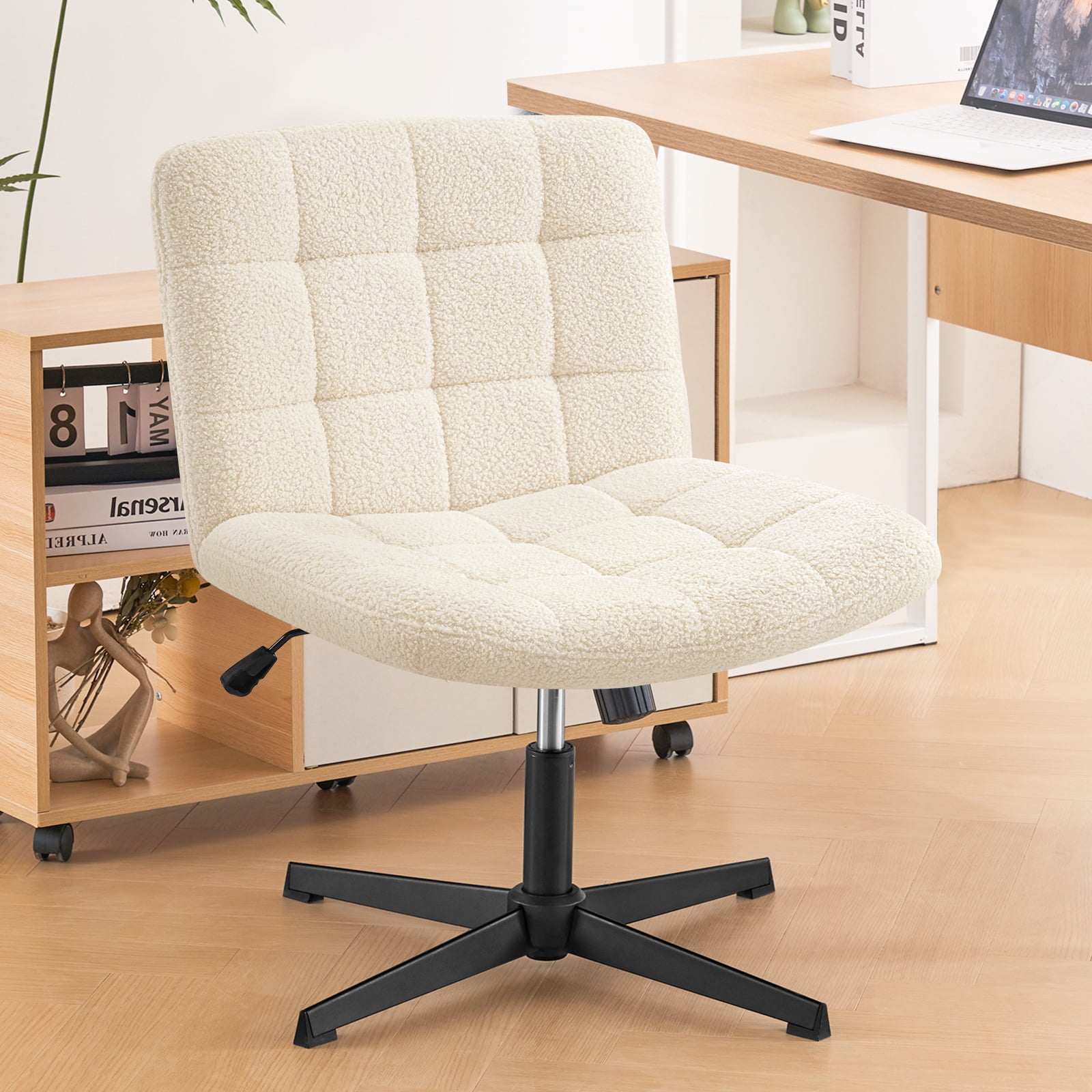 Furniliving Armless Office Desk Chair No Wheels Swivel Cross Legged Office Chair Ergonomic Computer Task Chair Ivory white