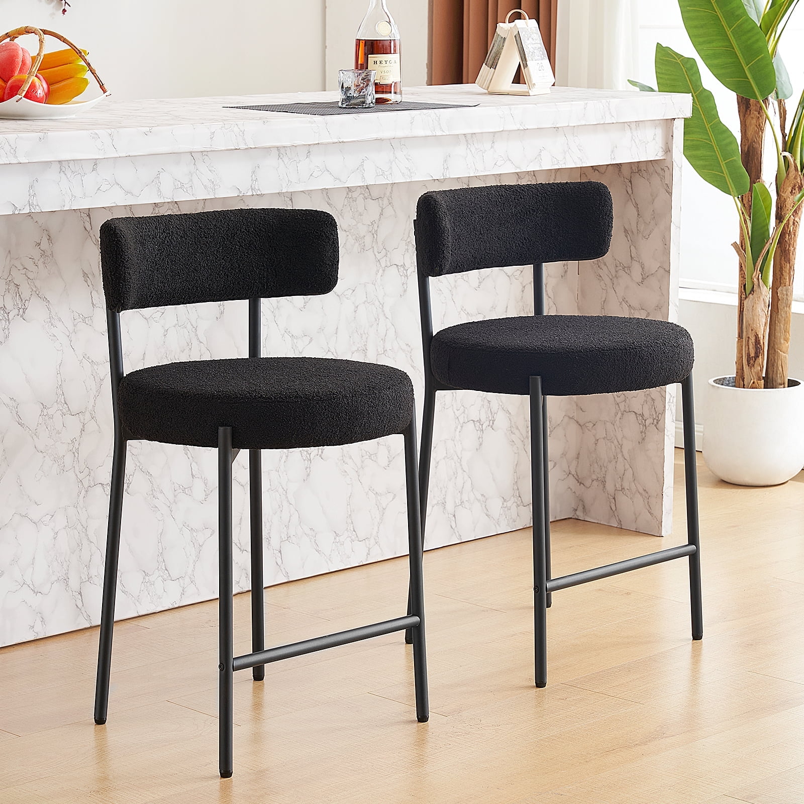 Furniliving Bar Stools Set of 2, Modern Counter Height Bar Stools with Back, Upholstered Bar Height Barstools for Kitchen Counter/Home Bar/Dining Room, Black