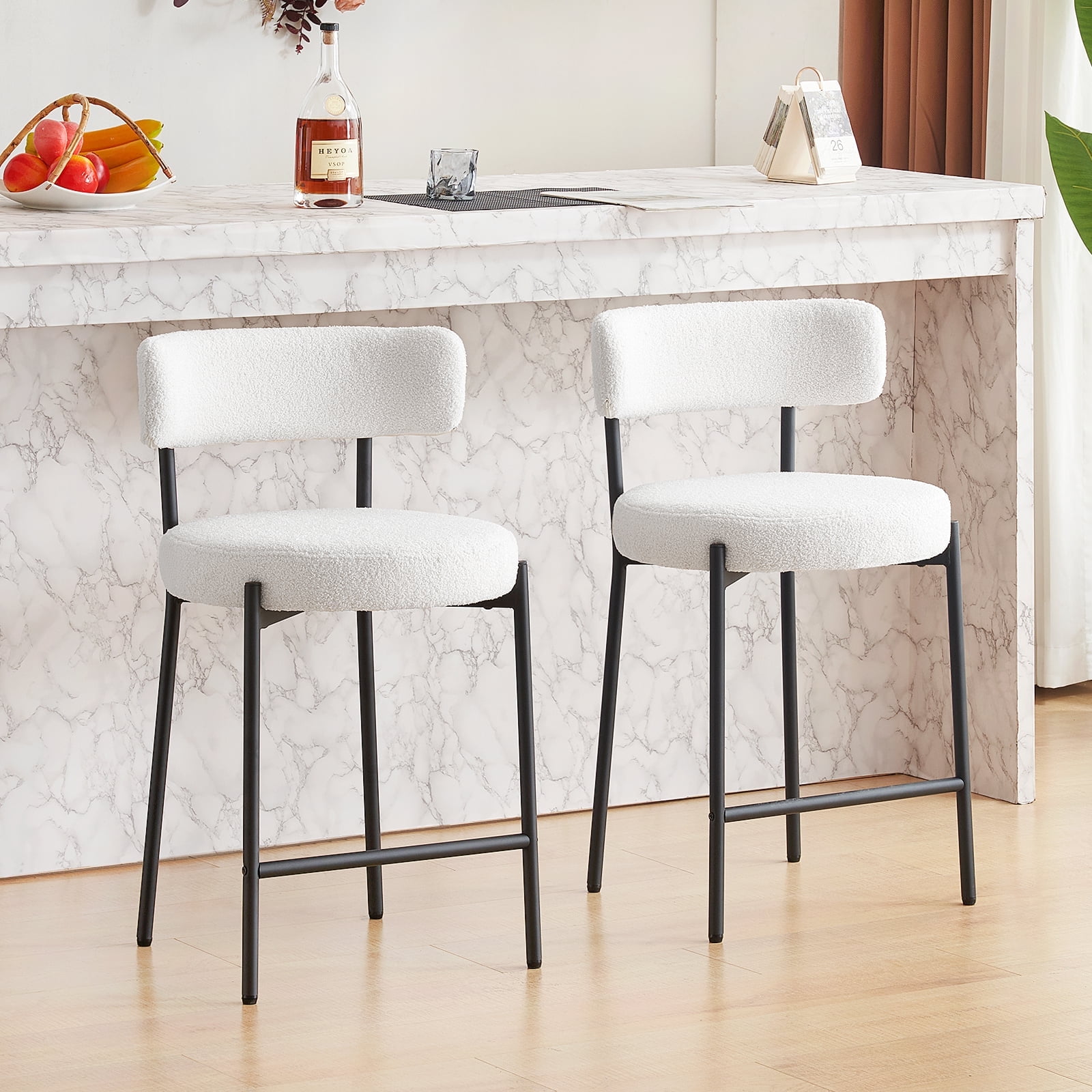 Furniliving Bar Stools Set of 2, Modern Counter Height Bar Stools with Back, Upholstered Bar Height Barstools for Kitchen Counter/Home Bar/Dining Room, White