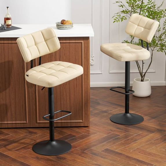 Furniliving Bar Stools Set of 2, Swivel Barstools with Footrest and Thick Cushion Back, Counter Height Bar Stools, Height Adjustable Modern Bar Chairs for Kitchen Island, Beige