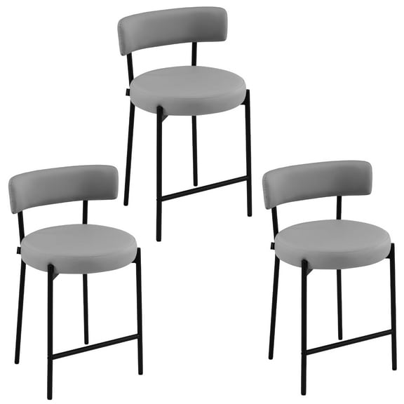Furniliving Bar Stools Set of 3, Modern Counter Height Bar Stools with Back, Upholstered Bar Height Barstools for Kitchen Counter/Home Bar/Dining Room, Faux PU-Gray
