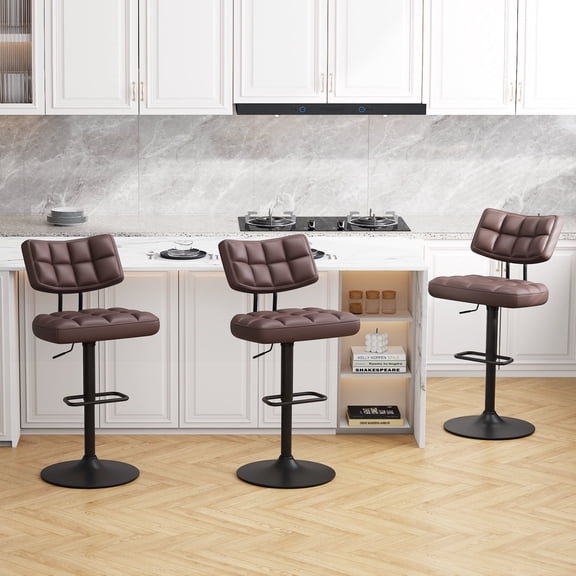 Furniliving Bar Stools Set of 3, Swivel Barstools with Footrest and Thick Cushion Back, Counter Height Bar Stools, Height Adjustable Modern Bar Chairs for Kitchen Island, Brown
