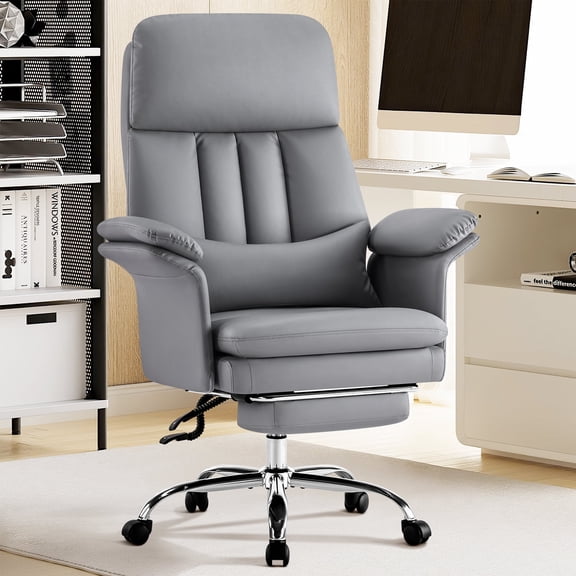 Furniliving Big and Tall Office Chair, Ergonomic Executive Office Chair with Footrest & Lumbar Support, High Back PU Leather Gaming Chair for Bedroom, Office, Gray
