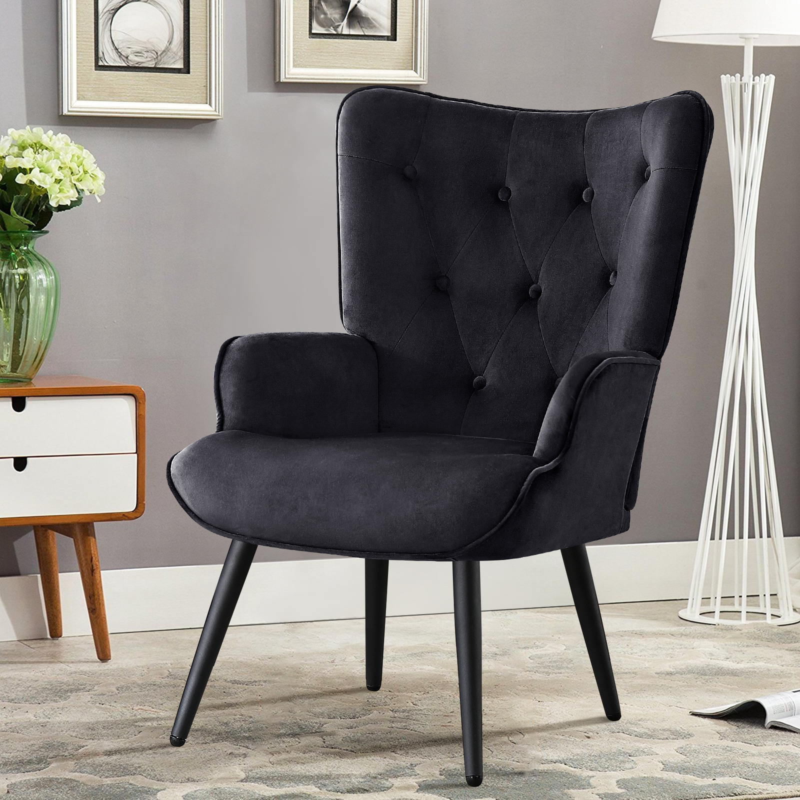 Leiria Contemporary Silky Velvet Tufted Accent Chair with Ottoman, Blue ...