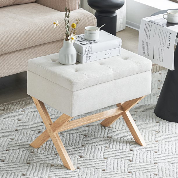 Furniliving Contemporary Button Tufted Storage Ottoman, Linen Vanity