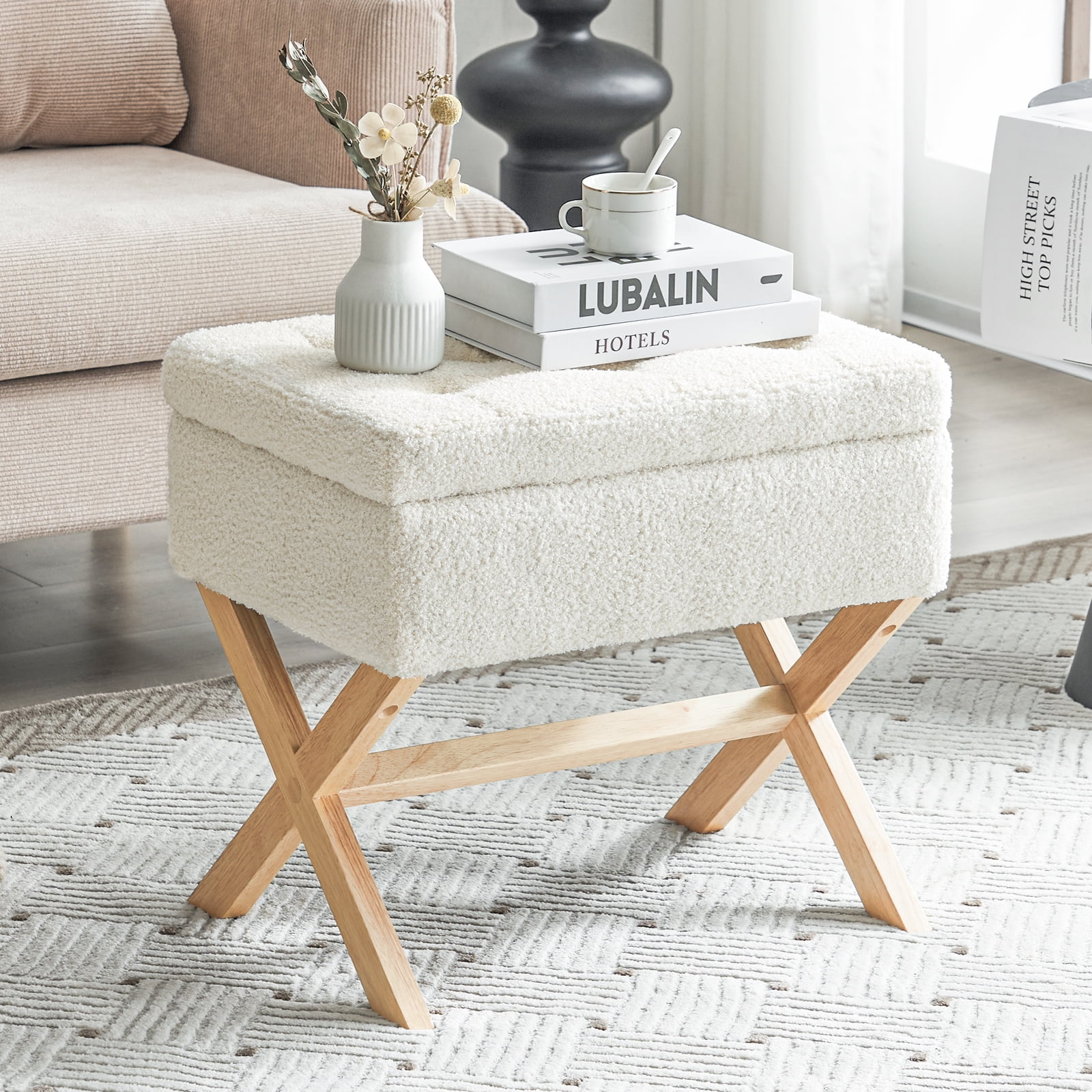 Furniliving Contemporary Button Tufted Storage Ottoman, Sherpa Vanity ...