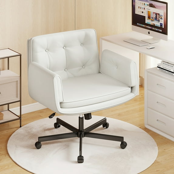 Furniliving Criss Cross Chair with 5-Level Adjustable Armrests & Wheels, Faux PU Swivel Office Desk Chair, Adjustable Vanity Chair for Bedroom, Makeup,White