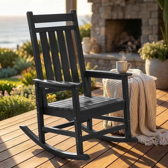 Furniliving HDPE Outdoor Rocking Chair, All-Weather High Back Patio Porch Rocker with Wood-Grain Texture, Black