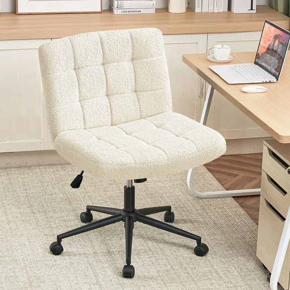 Furniliving Home Office Desk Chairs with Wheels Wide Desk Chair Mid Back Vanity Chair Modern Computer Desk Chair Swivel Accent Chair, Sherpa-Ivorywhite