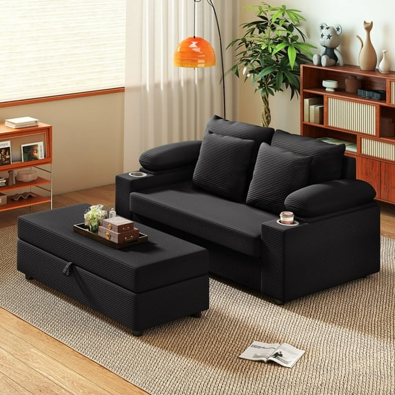 Furniliving Indoor Chaise Lounge Chair with Storage Ottoman, Oversized Lounge Sofa Chair with Wide Armrests & Cup Holder, Upholstered Comfy Reading Chair for Living Room, Bedroom (Black)