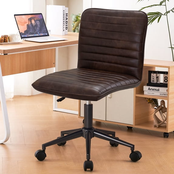 Furniliving Leather Desk Chair Armless Office Chair Adjustable Swivel Rolling Computer Chair ,BlackBrown
