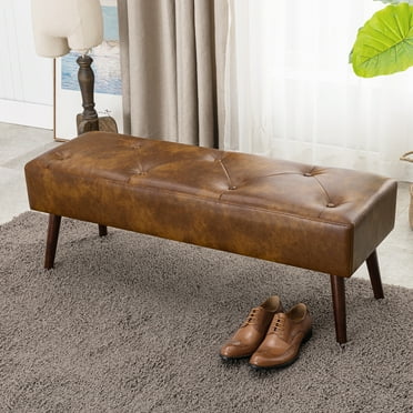 Furniliving Leather Entryway  Bench Upholstered  Long  Bedroom Ottoman Mudroom Bench, Dust Yellow