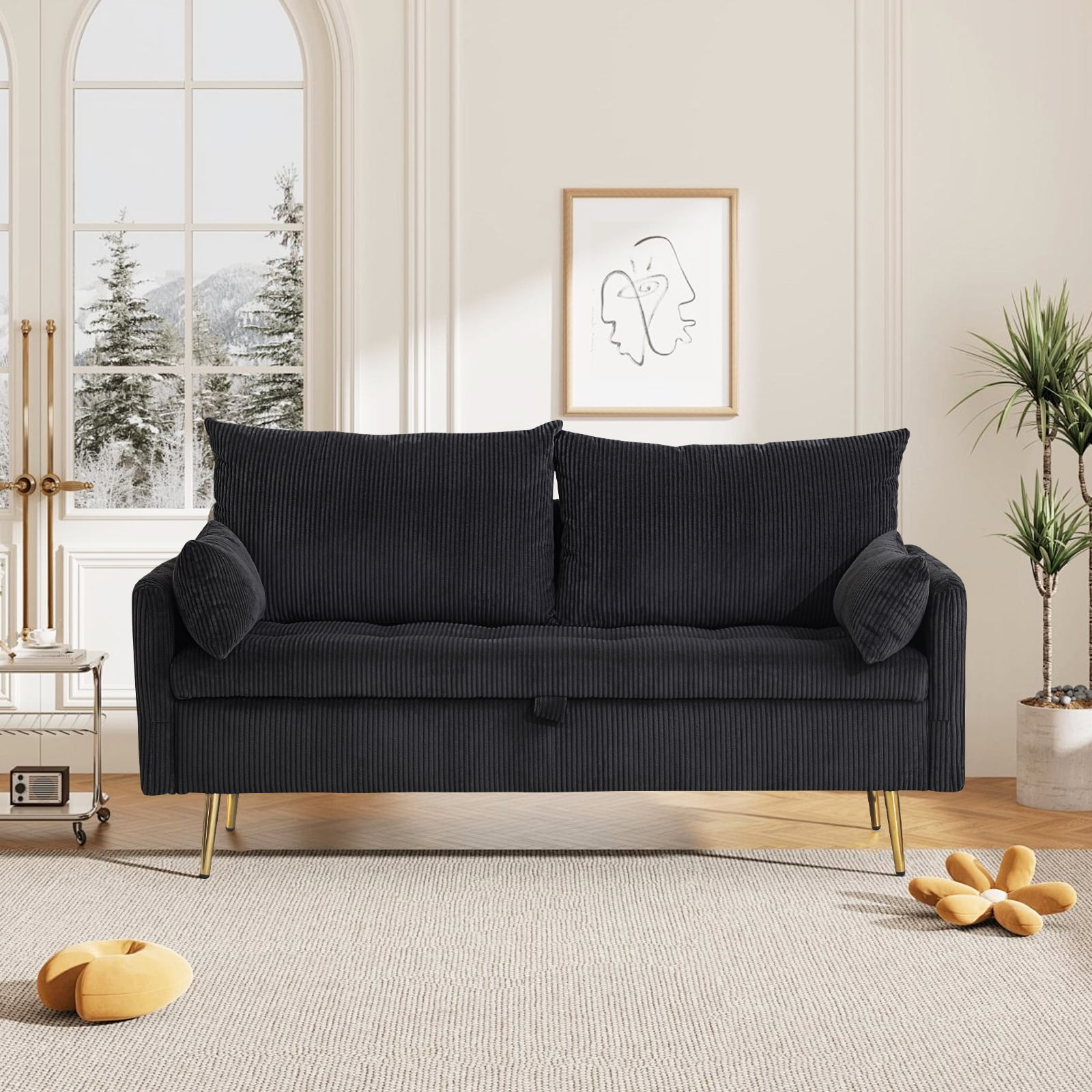 Furniliving Loveseat Sofa, Comfy Teddy Fleece Love Seat Couch, Sofas Couch with 2 Pillows for Small Space, Black