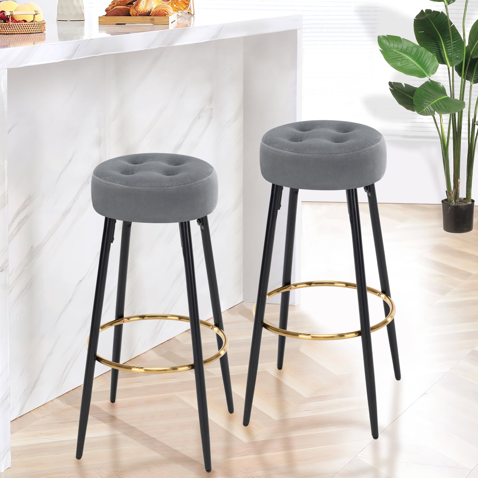 Furniliving Modern 30 Grey Velvet Round Bar Stools Backless Kitchen Islands Dining Stools Set of 2 Walmart