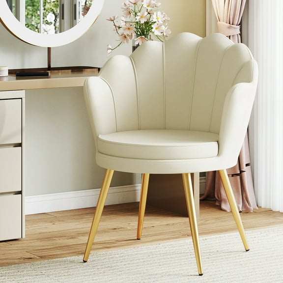 Furniliving Modern Accent Chair, Cute Petal Vanity Chair with Gold Metal Legs, Velvet Vanity Makeup Chair, Upholstered Armchair for Living Room, Bedroom, Home Office. Khaki