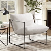 Furniliving Modern Accent Chair, Upholstered Armchairs with Metal Legs, Thick Padded Sling Louge Chair for Living Room, Bedroom, Reception Room. Boucle Fabric. White