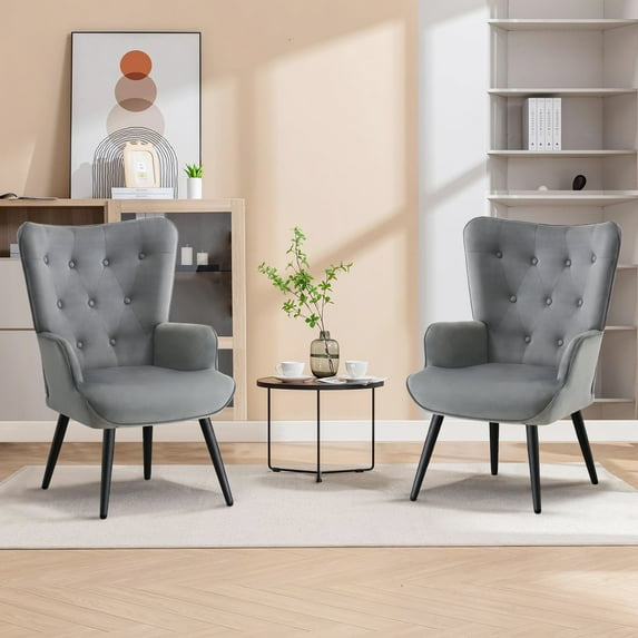 Furniliving Modern Accent Chairs Upholstered Velvet Wingback Chair with High Backrest Arm Chair Set of 2, Grey