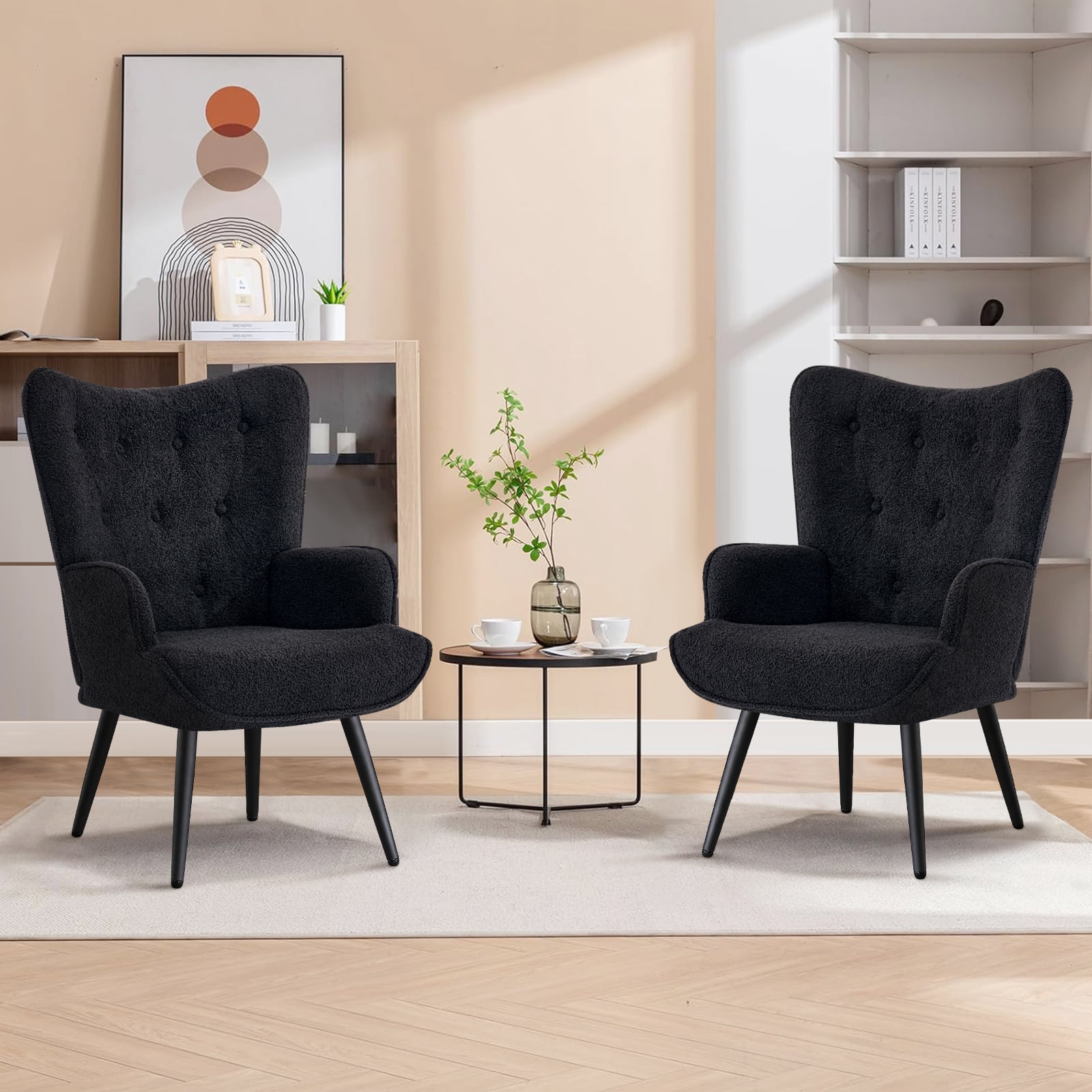 Furniliving Modern Accent Chairs Upholstered Wingback Chair with High Backrest Arm Chair Set of 2, Black