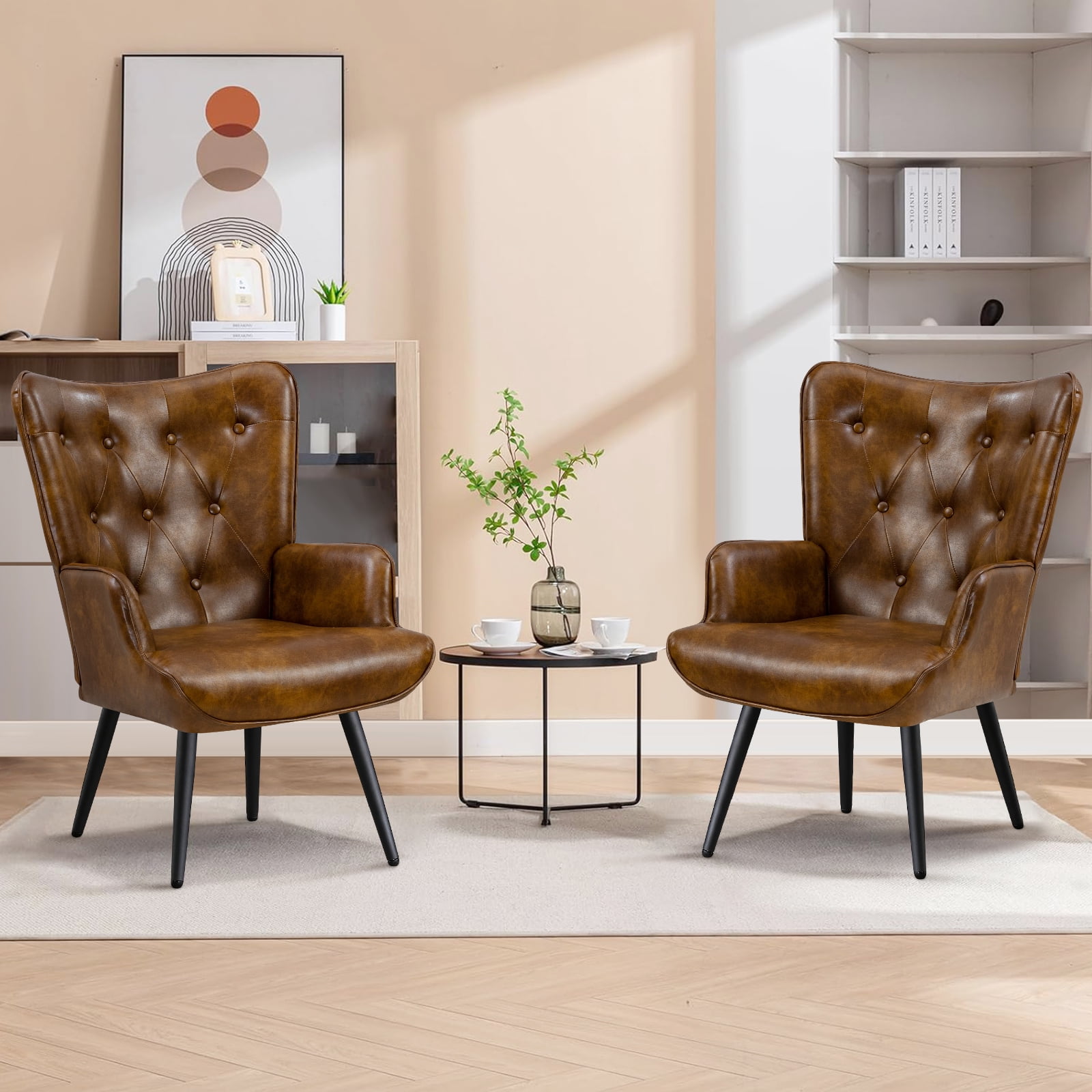 Mid-Century Modern Brown Faux Leather Wingback Accent Chair