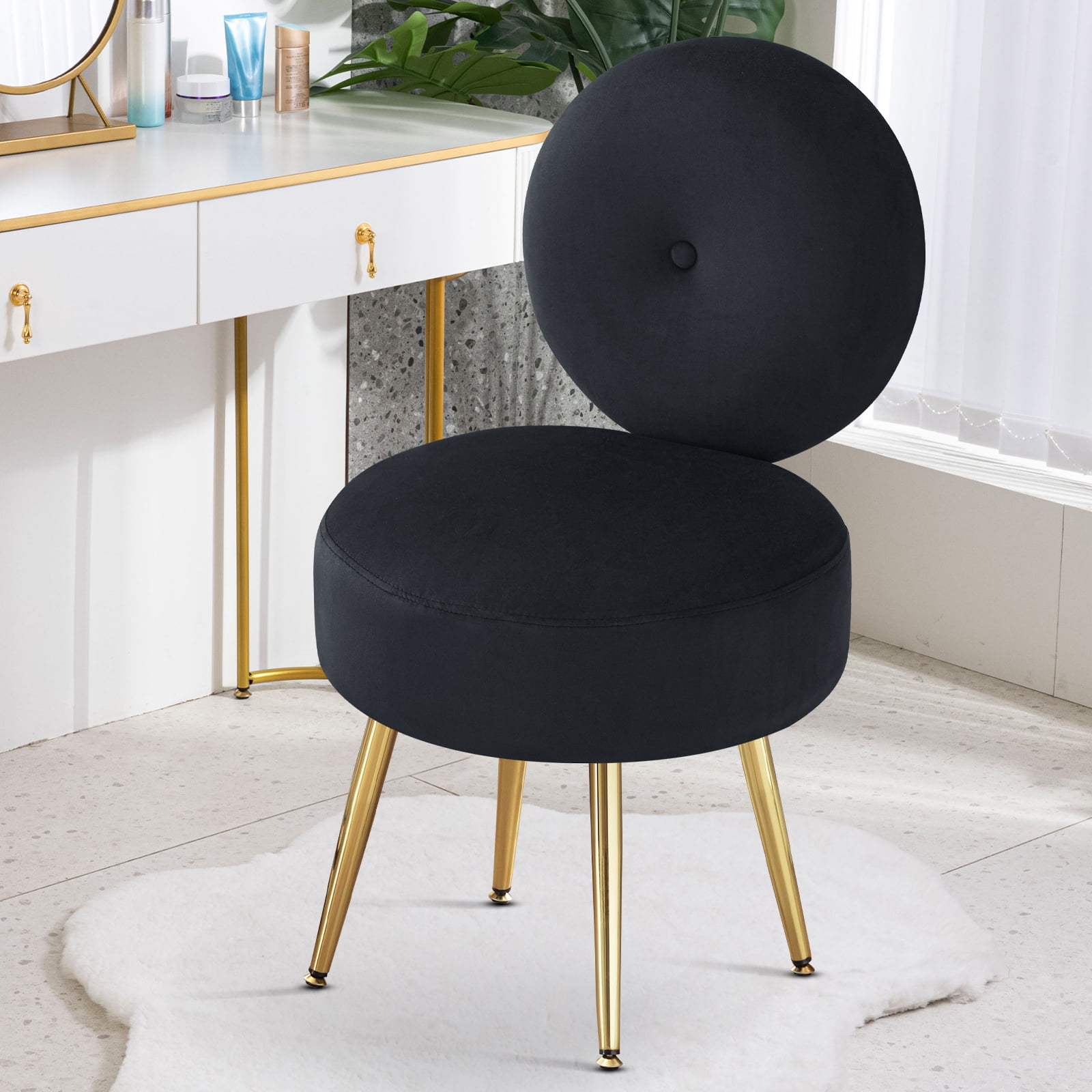 Gold Legs Chair For Dressing Table Grey Furniliving Velvet Makeup Chair, Modern Accent Vanity Stool With Gold Legs Chair For Dressing Table Grey Furniliving Velvet Makeup Chair, Modern Accent Vanity Stool With