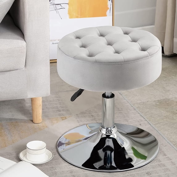 Furniliving Modern Adjustable Vanity Stool, Swivel Makeup Chairs, Velvet Round Ottoman, Light Grey