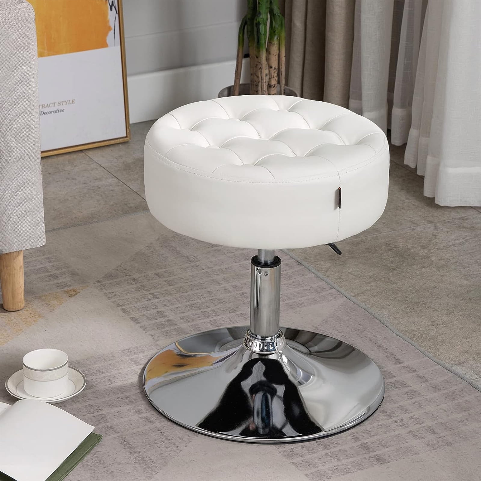 Adjustable White Vanity Stool for Makeup Swivel Ottoman Chair