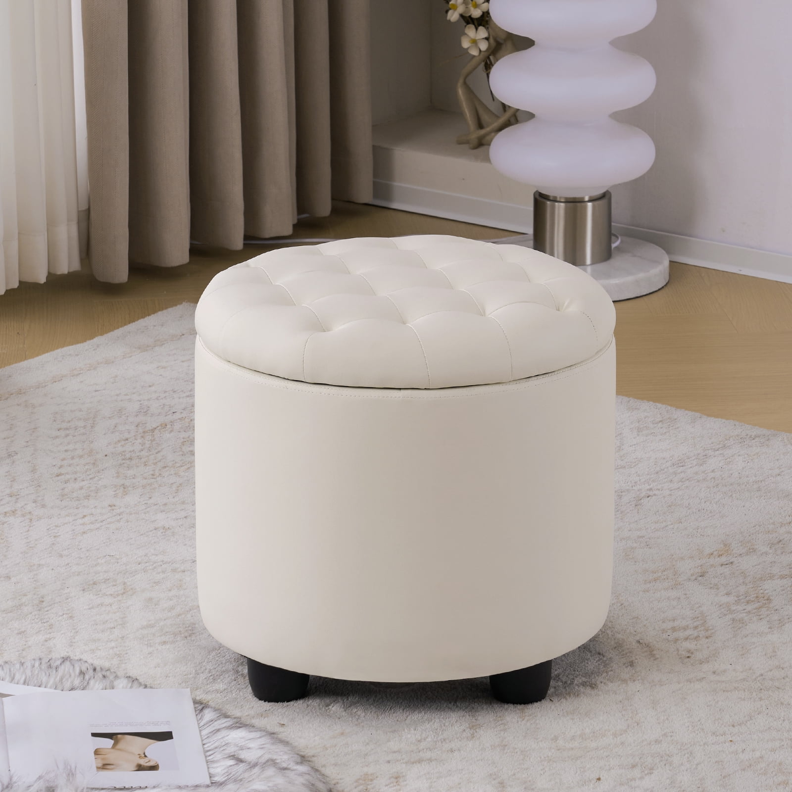 Furniliving Modern Faux PU Leather Round Ottoman Tufted Footrest Stool