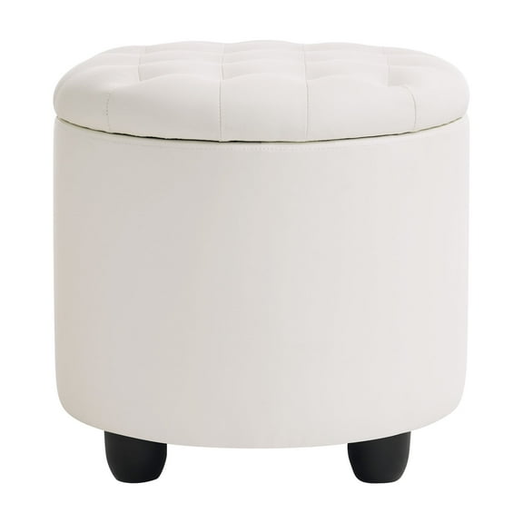 Furniliving Modern Round Storage Ottoman Tufted Footrest Stool Ottoman Bench for Living Room, Bedroom and Office, Faux PU-IvoryWhite