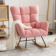 Furniliving Modern Nursery Rocking Chair Upholstered Rocking Accent Chair with High Backrest Sherpa Comfy Armchair for Living Room, Bedroom, Nursery Room, Pink