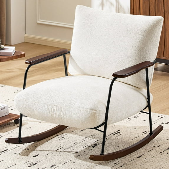 Furniliving Modern Rocking Chair with Thick Padded, Upholstered Chenille Fabric Glider Rocker Armchair, Accent Chairs with Wood Frame for Living Room, Bedroom, Office, Beige