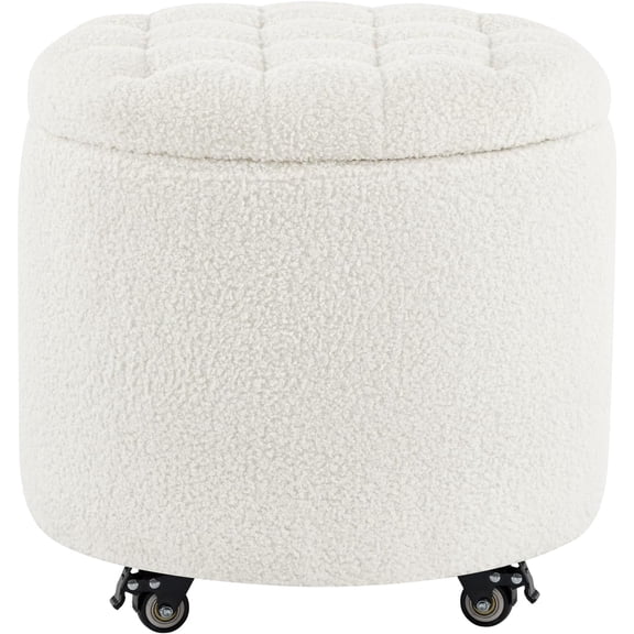 Furniliving Modern Round Storage Ottoman with Wheels,Button Tufted Ottoman Footstool Ottomans with Removable Lid Storage Stool for Living Room, Bedroom, Makeup Room, Faux Fur, White